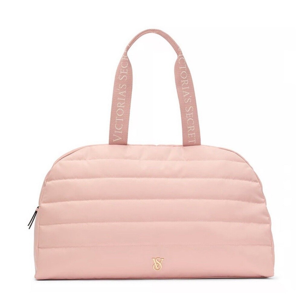 Victoria's Secret Quilted Duffle Bag Tote Pink Weekender Gold Logo Zipper NEW